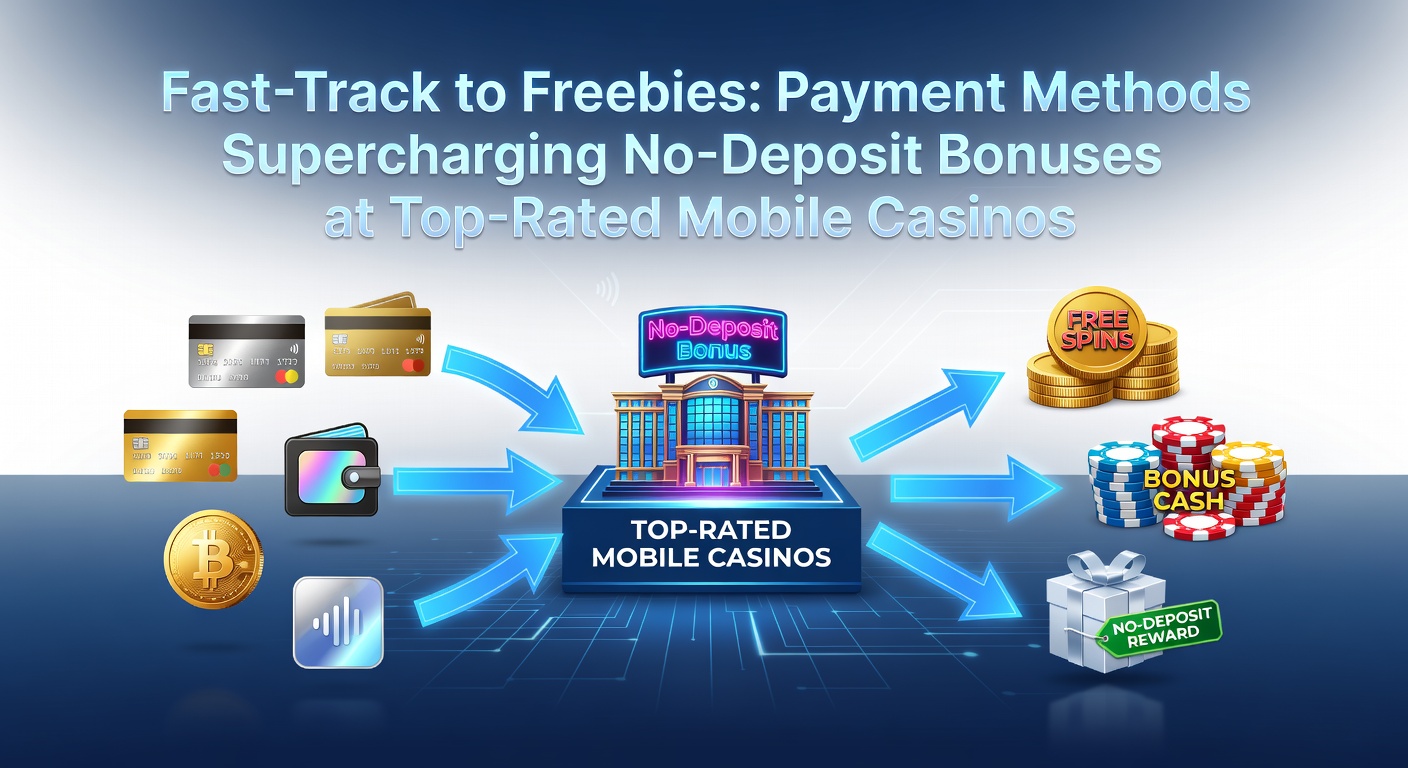 Mobile phone screen displaying a vibrant no-deposit bonus offer in a top casino app, with payment icons overlayed for quick access