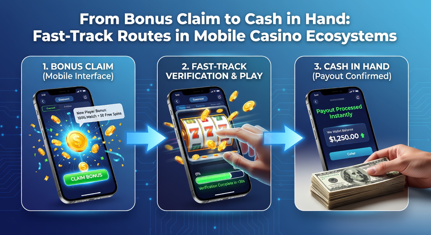 Illustration of a flowchart showing bonus claim, wagering, verification, and cash withdrawal steps on a mobile device
