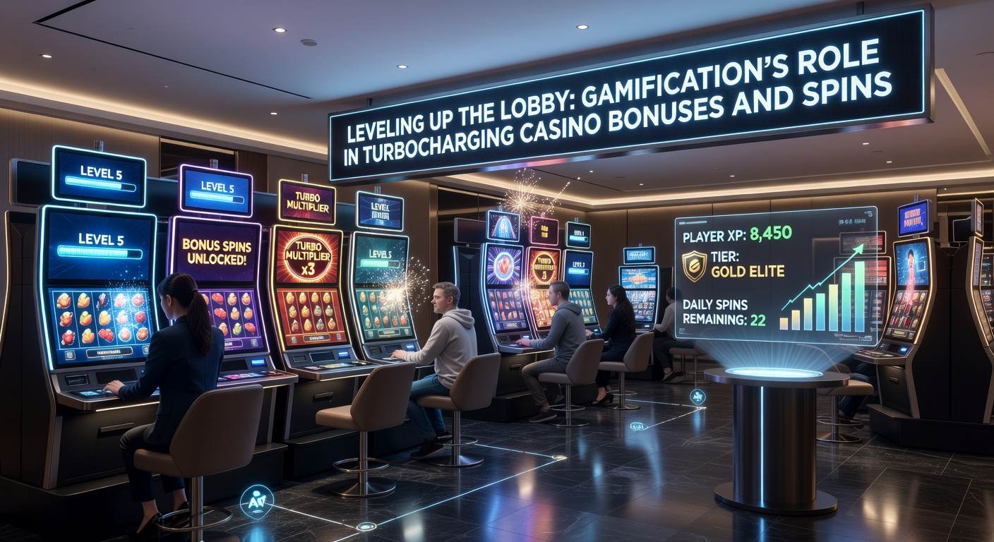 Vibrant casino lobby interface featuring progress bars, badges, and spinning reward wheels amid colorful slot reels