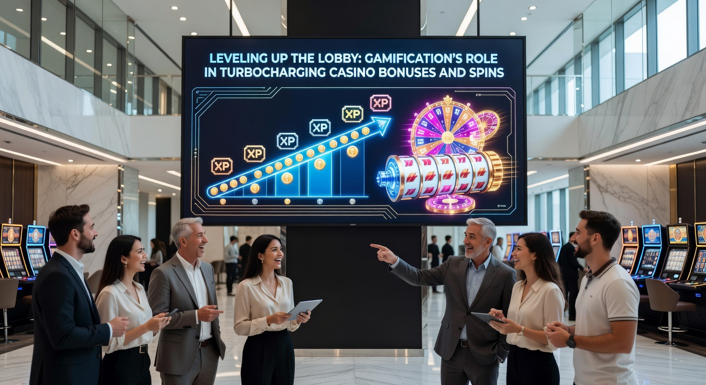 Close-up of a mobile casino app showing a player's profile with glowing badges, level-up notifications, and a stack of free spin icons ready to claim