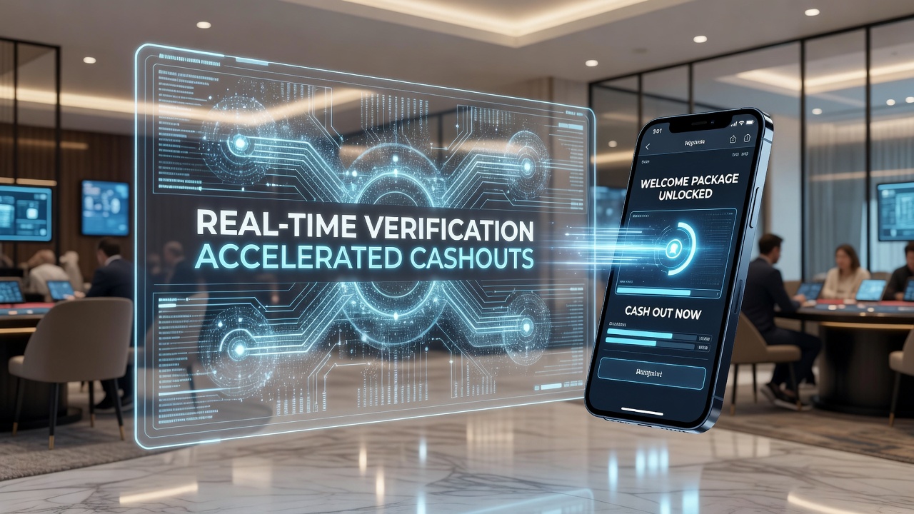 Mobile casino app interface showing instant verification and cashout options for welcome packages