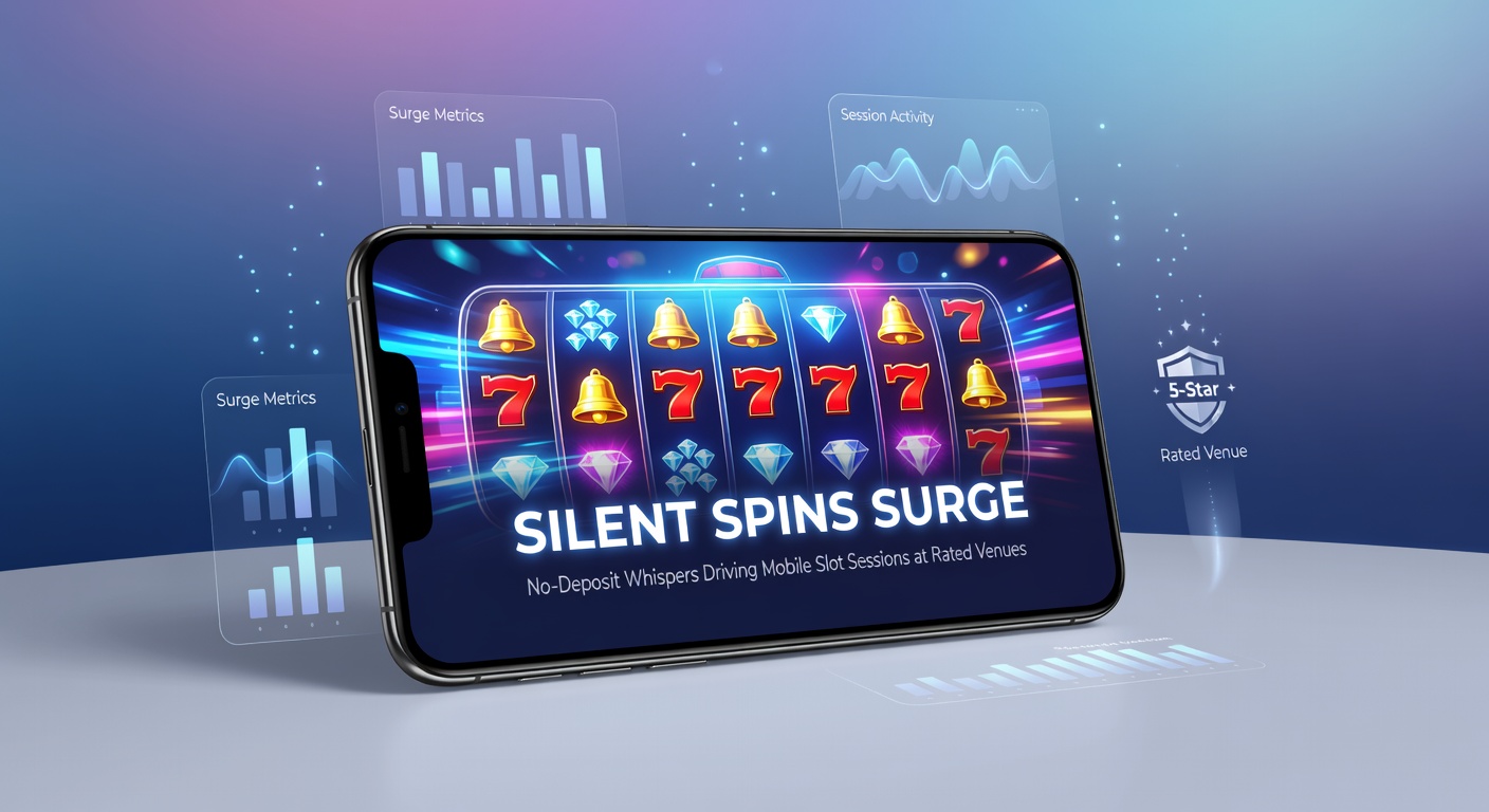 Mobile phone screen displaying colorful slot reels spinning with no-deposit bonus notifications popping up in the background of a dimly lit casino venue