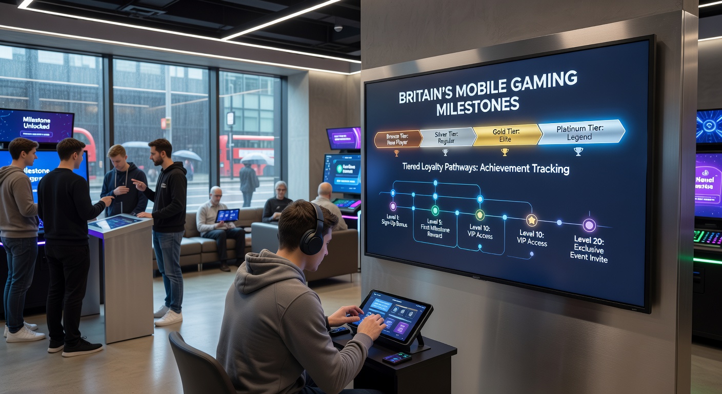 Mobile gaming interface showing loyalty tier progress bars and milestone badges on a smartphone screen